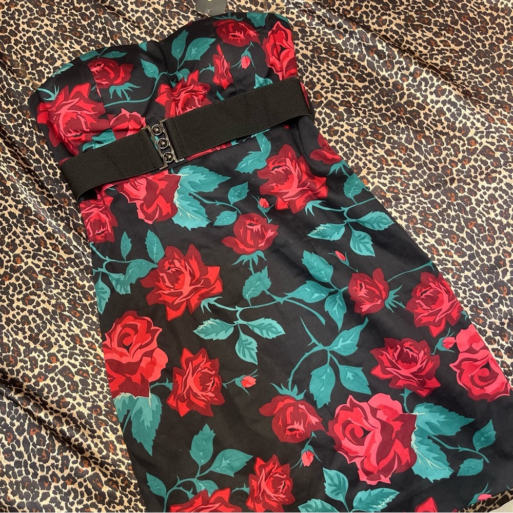 Vintage Forever 21 Red Rose Print Black Mini Strapless Dress
